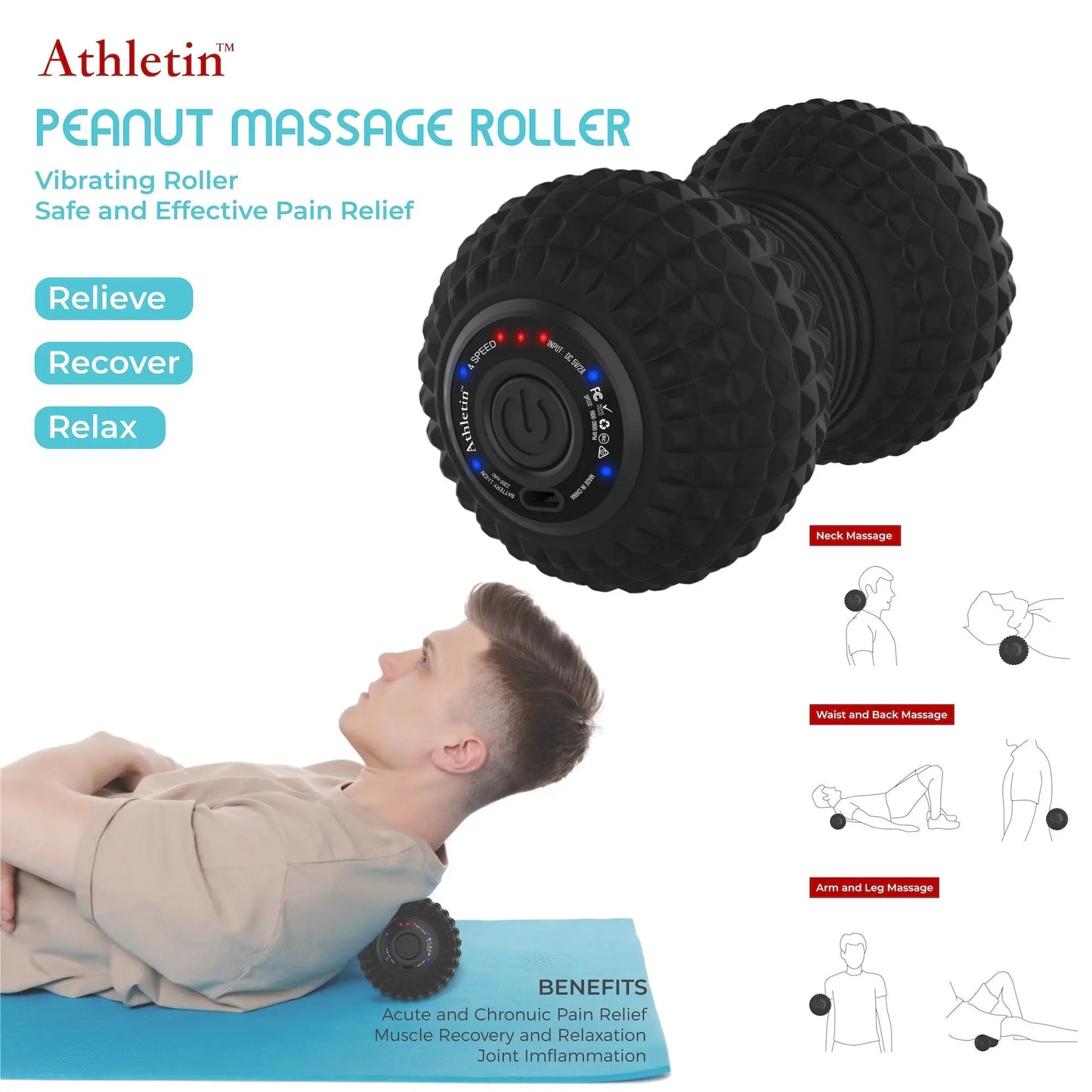 Athletin Vibrating Peanut Massage Roller - Deep Tissue Therapy for Plantar Fasciitis and Muscle Pain Relief athletin