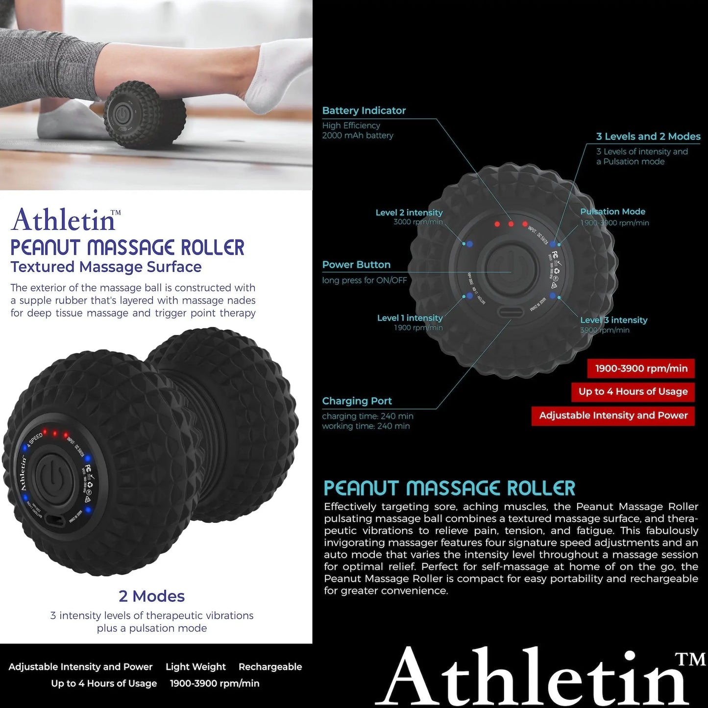 Athletin Vibrating Peanut Massage Roller - Deep Tissue Therapy for Plantar Fasciitis and Muscle Pain Relief athletin
